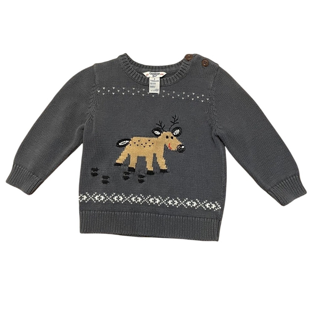 OshKosh Bgosh Gray Reindeer Sweater Toddler Size 3 Holiday Winter‎ Knit
